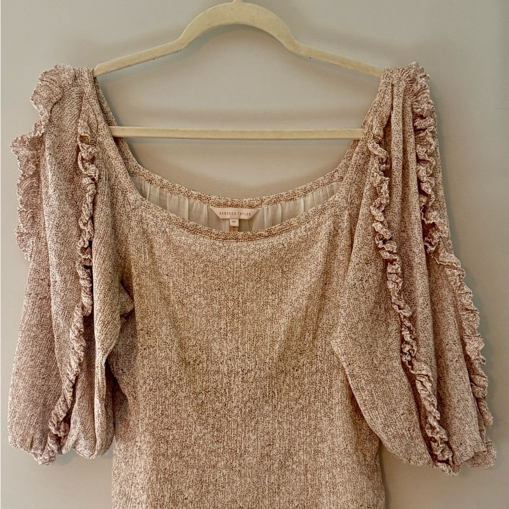 Rebecca Taylor light pink and cream smocked ruffle puff sleeve blouse